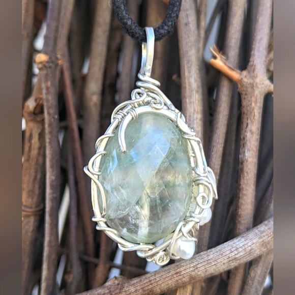 Hand Crafted Jewelry - Hand Crafted 925 Sterling Silver Pendant Necklace Faceted Green Fluorite Gem